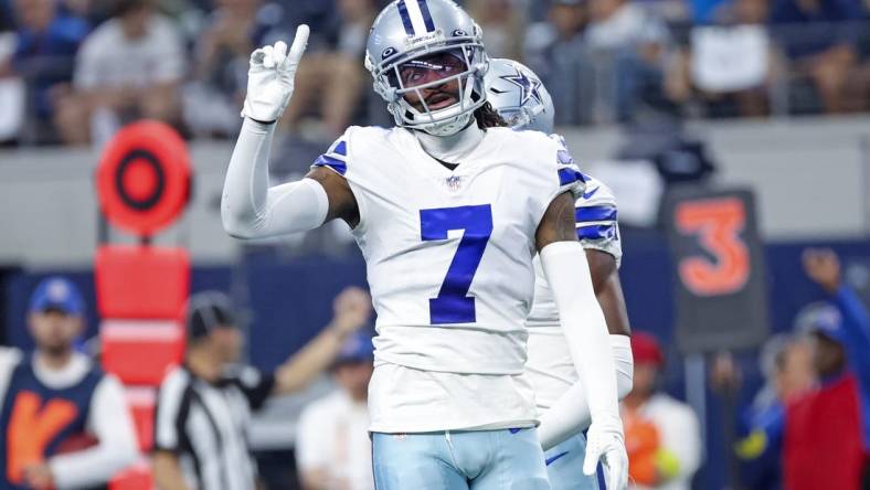 Oct 23, 2022; Arlington, Texas, USA;  Dallas Cowboys cornerback Trevon Diggs (7) reacts during the first quarter against the Detroit Lions at AT&T Stadium. Mandatory Credit: Kevin Jairaj-USA TODAY Sports