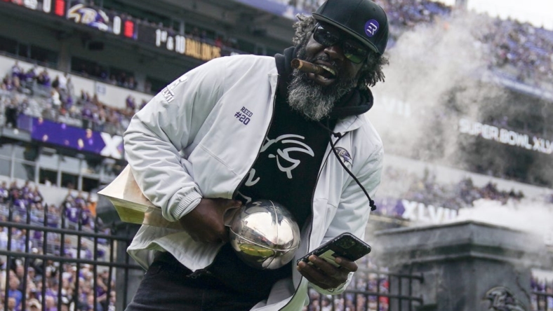 Oct 23, 2022; Baltimore, Maryland, USA;  Ed Reed is introduced during a pregame ceremony featuring the 2012 Super Bowl team as part of the 10-year anniversary celebration at M&T Bank Stadium. Mandatory Credit: Jessica Rapfogel-USA TODAY Sports