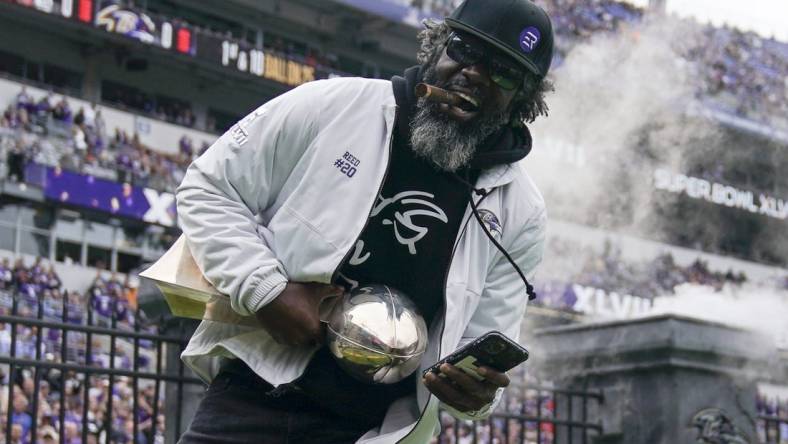 Oct 23, 2022; Baltimore, Maryland, USA;  Ed Reed is introduced during a pregame ceremony featuring the 2012 Super Bowl team as part of the 10-year anniversary celebration at M&T Bank Stadium. Mandatory Credit: Jessica Rapfogel-USA TODAY Sports