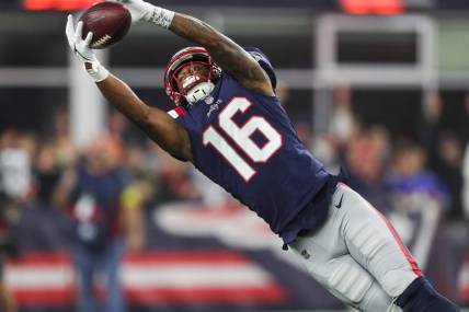 Oct 24, 2022; Foxborough, Massachusetts, USA; New England Patriots receiver Jakobi Meyers (16) catches a pass for a touchdown during the first half against the Chicago Bears at Gillette Stadium. Mandatory Credit: Paul Rutherford-USA TODAY Sports
