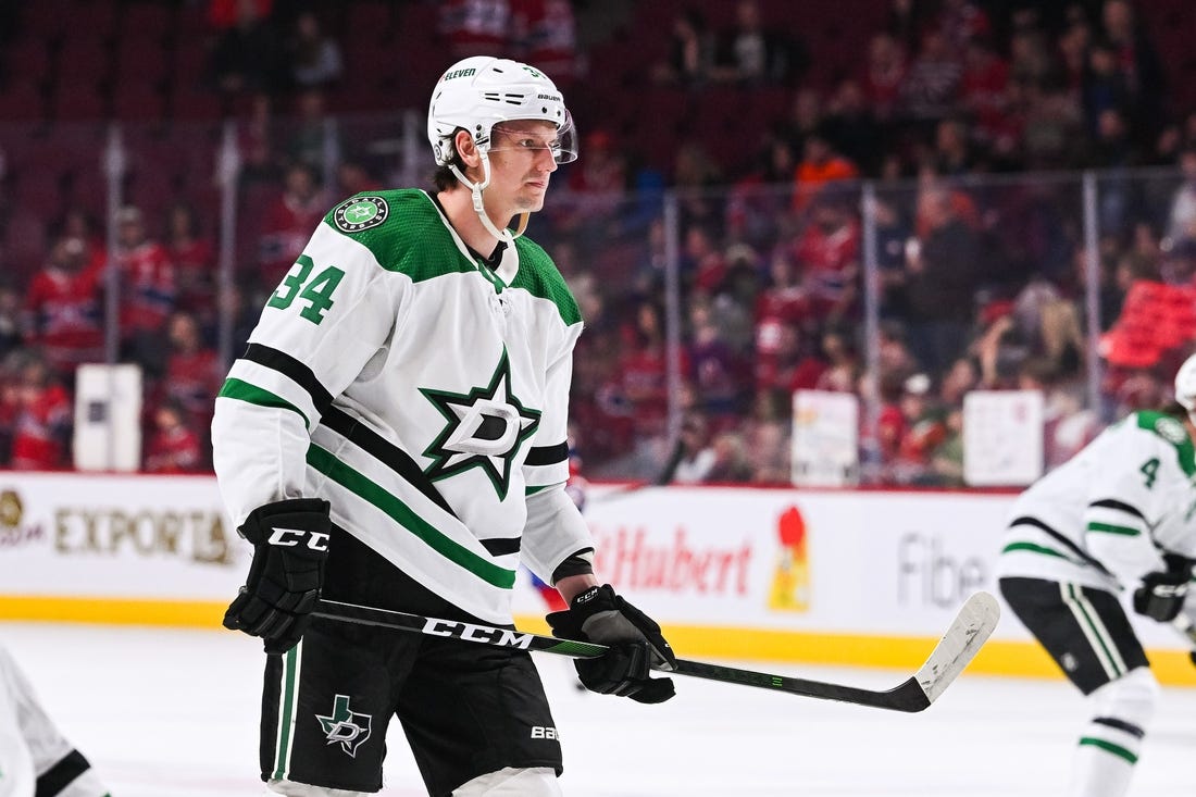 Oct 22, 2022; Montreal, Quebec, CAN; Dallas Stars right wing Denis Gurianov (34) during warmup before the game against the Montreal Canadiens at Bell Centre. Mandatory Credit: David Kirouac-USA TODAY Sports