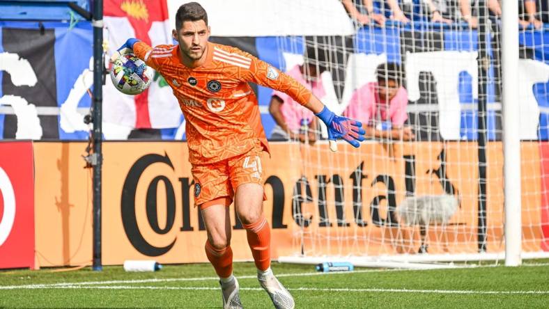 Oct 23, 2022; Montreal, Quebec, Canada; CF Montreal goalkeeper James Pantemis (41) throws the ball back into play against New York City FC during the first half of the conference semifinals for the Audi 2022 MLS Cup Playoffs at Stade Saputo. Mandatory Credit: David Kirouac-USA TODAY Sports