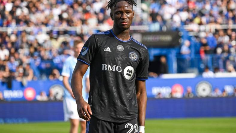 Oct 23, 2022; Montreal, Quebec, Canada; CF Montreal midfielder Ismael Kone (28) against New York City FC during the second half of the conference semifinals for the Audi 2022 MLS Cup Playoffs at Stade Saputo. Mandatory Credit: David Kirouac-USA TODAY Sports