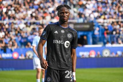 Oct 23, 2022; Montreal, Quebec, Canada; CF Montreal midfielder Ismael Kone (28) against New York City FC during the second half of the conference semifinals for the Audi 2022 MLS Cup Playoffs at Stade Saputo. Mandatory Credit: David Kirouac-USA TODAY Sports
