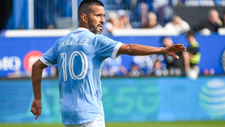 Oct 23, 2022; Montreal, Quebec, Canada; New York City FC midfielder Maxi Moralez (10) signals his teammates against CF Montreal during the first half of the conference semifinals for the Audi 2022 MLS Cup Playoffs at Stade Saputo. Mandatory Credit: David Kirouac-USA TODAY Sports