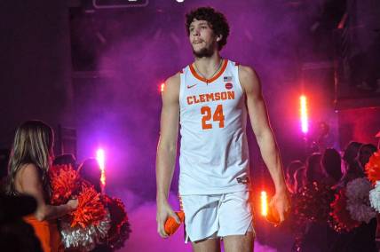 Clemson sophomore forward PJ Hall (24) is introduced near Rally Cats during Rock the John basketball season kickoff event at Littlejohn Coliseum in Clemson, S.C. Thursday, October 27, 2022.

Rock The John Basketball Season Kickoff Event