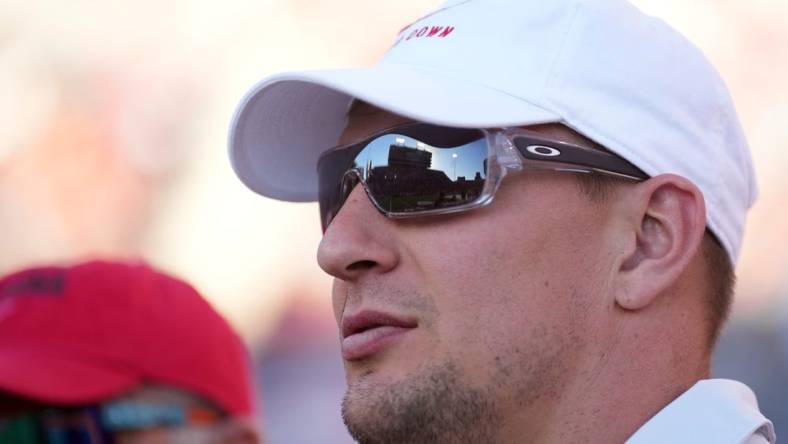 Oct 29, 2022; Tucson, Arizona, USA; Former Arizona Wildcats and NFL tight end Rob Gronkowski looks on during the first half of the game between the Arizona Wildcats and the USC Trojans at Arizona Stadium. Mandatory Credit: Joe Camporeale-USA TODAY Sports