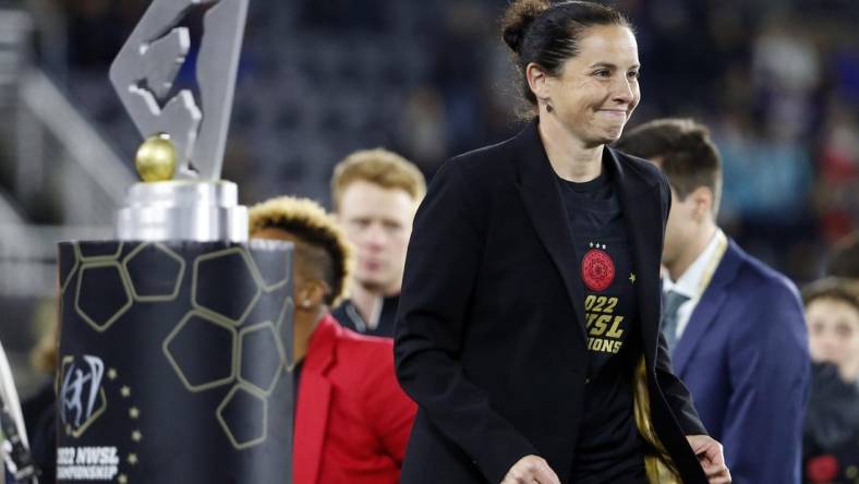 Oct 29, 2022; Washington, D.C., USA; Portland Thorns FC head coach Rhian Wilkinson walks to the stage after defeating the Kansas City Current in the NWSL championship game at Audi Field. Mandatory Credit: Amber Searls-USA TODAY Sports