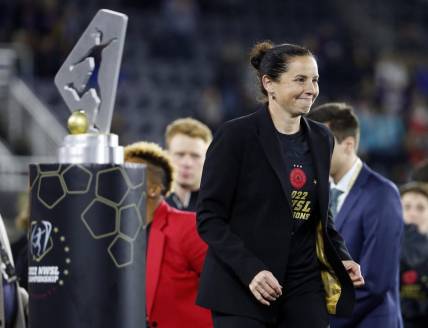 Oct 29, 2022; Washington, D.C., USA; Portland Thorns FC head coach Rhian Wilkinson walks to the stage after defeating the Kansas City Current in the NWSL championship game at Audi Field. Mandatory Credit: Amber Searls-USA TODAY Sports