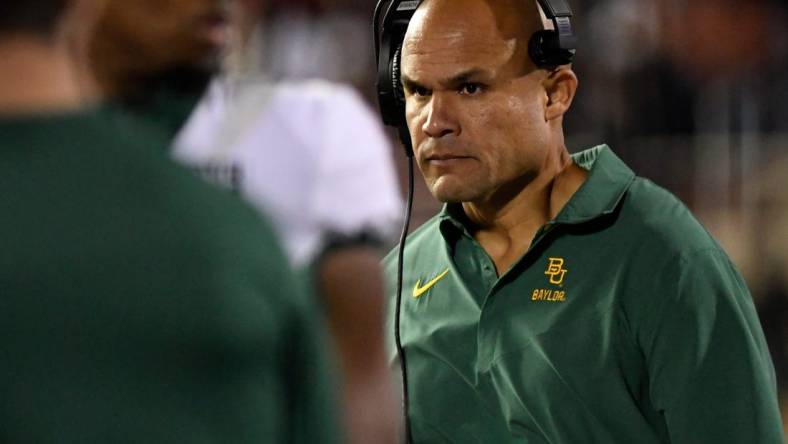 Baylor's head coach Dave Aranda walks along the sideline at the game against Texas Tech, Saturday, Oct. 29, 2022, at Jones AT&T Stadium.