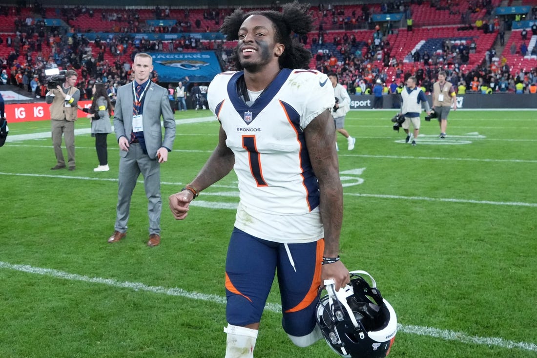 Oct 30, 2022; London, United Kingdom; Denver Broncos wide receiver KJ Hamler (1) celebrates after an NFL International Series game against the Jacksonville Jaguars at Wembley Stadium. The Broncos defeated the Jaguars 21-17. Mandatory Credit: Kirby Lee-USA TODAY Sports