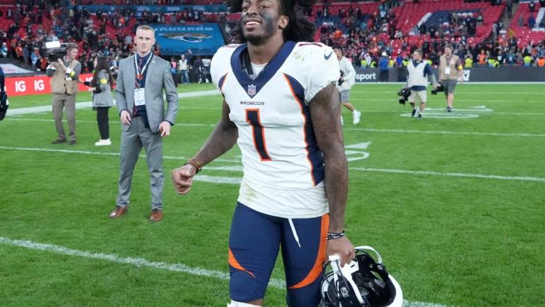 Oct 30, 2022; London, United Kingdom; Denver Broncos wide receiver KJ Hamler (1) celebrates after an NFL International Series game against the Jacksonville Jaguars at Wembley Stadium. The Broncos defeated the Jaguars 21-17. Mandatory Credit: Kirby Lee-USA TODAY Sports