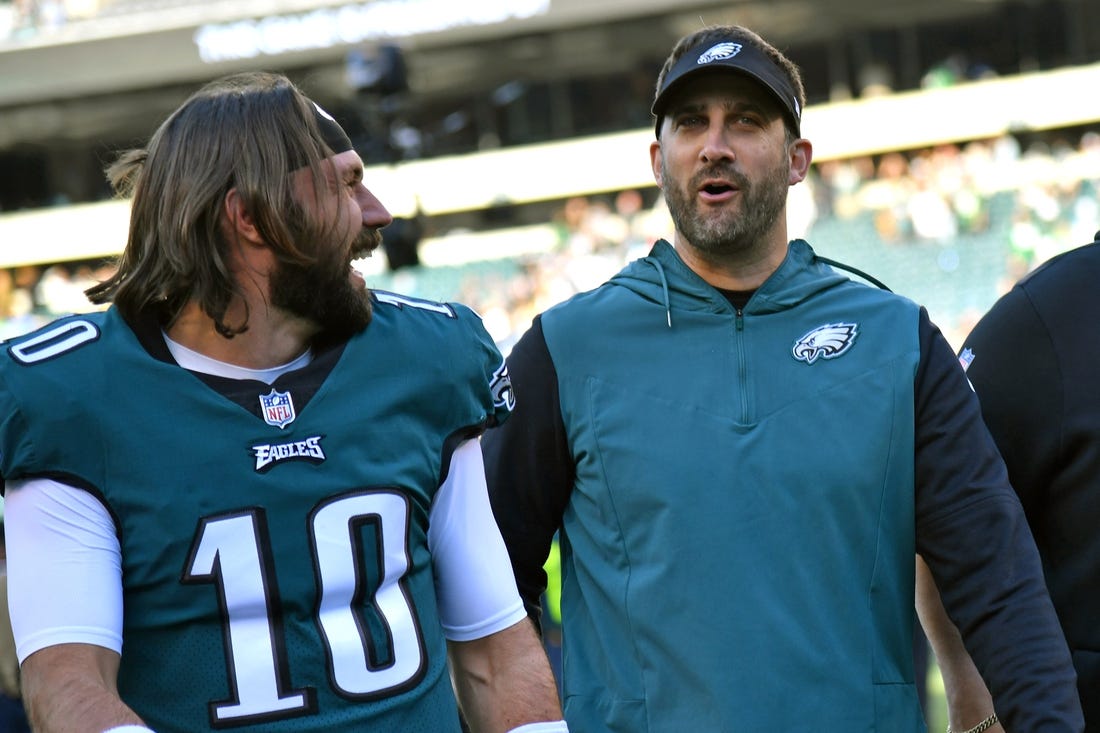 Oct 30, 2022; Philadelphia, Pennsylvania, USA; Philadelphia Eagles quarterback Gardner Minshew (10) and head coach Nick Sirianni runs off the field after win against the Pittsburgh Steelers at Lincoln Financial Field. Mandatory Credit: Eric Hartline-USA TODAY Sports