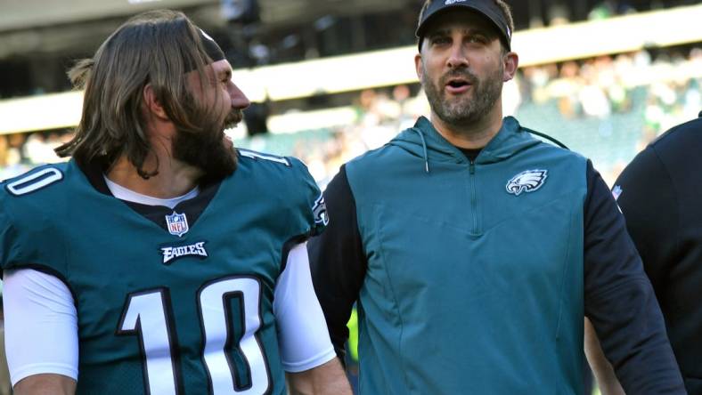 Oct 30, 2022; Philadelphia, Pennsylvania, USA; Philadelphia Eagles quarterback Gardner Minshew (10) and head coach Nick Sirianni runs off the field after win against the Pittsburgh Steelers at Lincoln Financial Field. Mandatory Credit: Eric Hartline-USA TODAY Sports