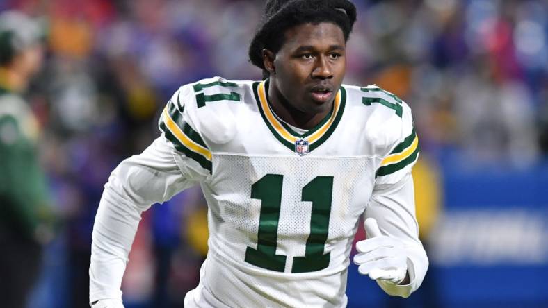 Oct 30, 2022; Orchard Park, New York, USA; Green Bay Packers wide receiver Sammy Watkins (11) warms up before a game against the Buffalo Bills at Highmark Stadium. Mandatory Credit: Mark Konezny-USA TODAY Sports