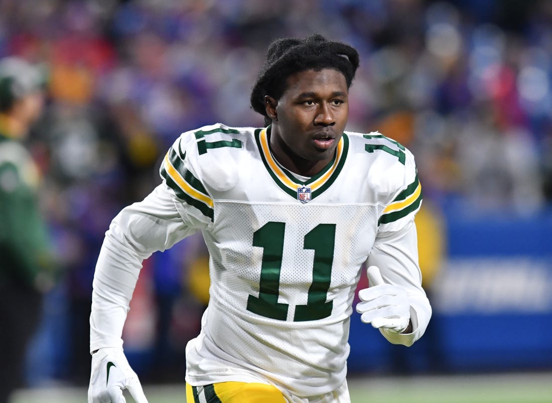 Oct 30, 2022; Orchard Park, New York, USA; Green Bay Packers wide receiver Sammy Watkins (11) warms up before a game against the Buffalo Bills at Highmark Stadium. Mandatory Credit: Mark Konezny-USA TODAY Sports