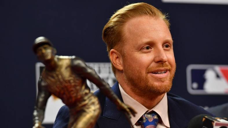 Oct 31, 2022; Philadelphia, Pennsylvania, USA; Los Angeles Dodgers player Justin Turner at the Roberto Clemente Award press conference before game three of the 2022 World Series between the Philadelphia Phillies and the Houston Astros at Citizens Bank Park. Mandatory Credit: Eric Hartline-USA TODAY Sports