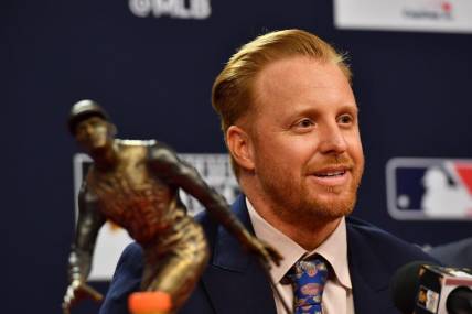 Oct 31, 2022; Philadelphia, Pennsylvania, USA; Los Angeles Dodgers player Justin Turner at the Roberto Clemente Award press conference before game three of the 2022 World Series between the Philadelphia Phillies and the Houston Astros at Citizens Bank Park. Mandatory Credit: Eric Hartline-USA TODAY Sports