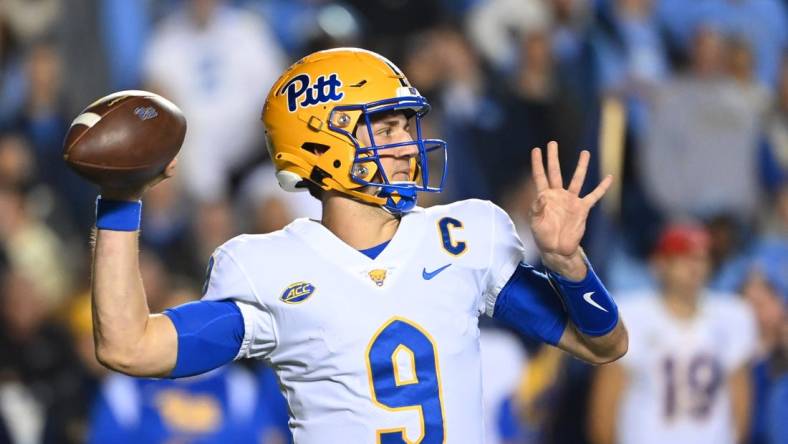 Oct 29, 2022; Chapel Hill, North Carolina, USA; Pittsburgh Panthers quarterback Kedon Slovis (9) looks to pass in the fourth quarter at Kenan Memorial Stadium. Mandatory Credit: Bob Donnan-USA TODAY Sports