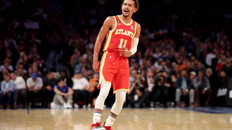 Nov 2, 2022; New York, New York, USA; Atlanta Hawks guard Trae Young (11) reacts towards the fans after a three point shot against the New York Knicks during the second quarter at Madison Square Garden. Mandatory Credit: Brad Penner-USA TODAY Sports