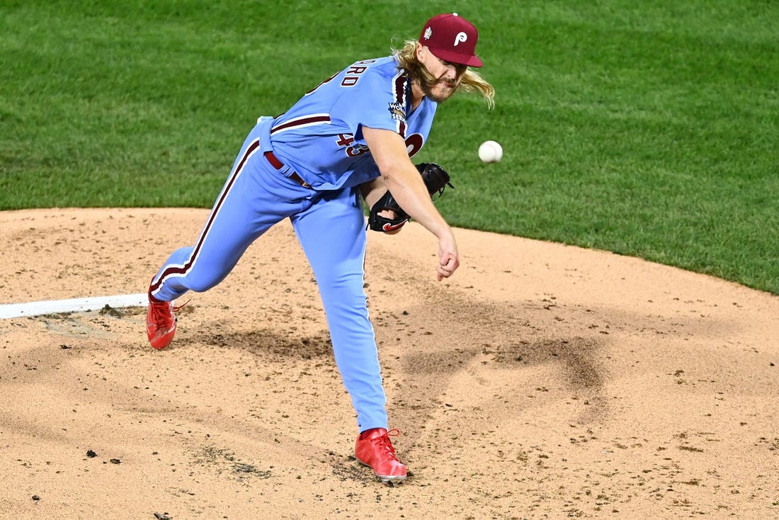 Nov 3, 2022; Philadelphia, Pennsylvania, USA; Philadelphia Phillies starting pitcher Noah Syndergaard (43) pitches against the Houston Astros during the second inning in game five of the 2022 World Series at Citizens Bank Park. Mandatory Credit: Kyle Ross-USA TODAY Sports