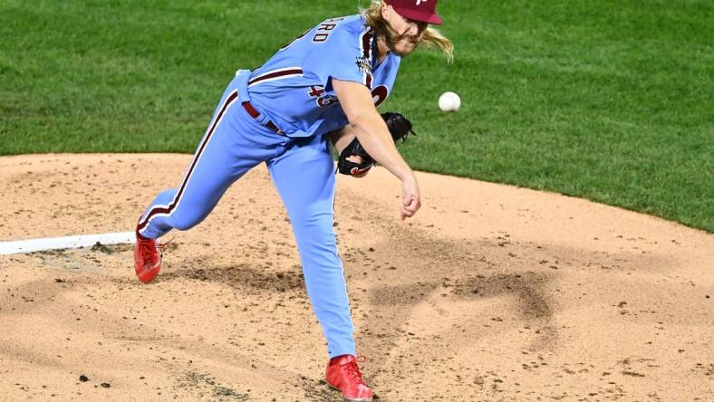 Nov 3, 2022; Philadelphia, Pennsylvania, USA; Philadelphia Phillies starting pitcher Noah Syndergaard (43) pitches against the Houston Astros during the second inning in game five of the 2022 World Series at Citizens Bank Park. Mandatory Credit: Kyle Ross-USA TODAY Sports