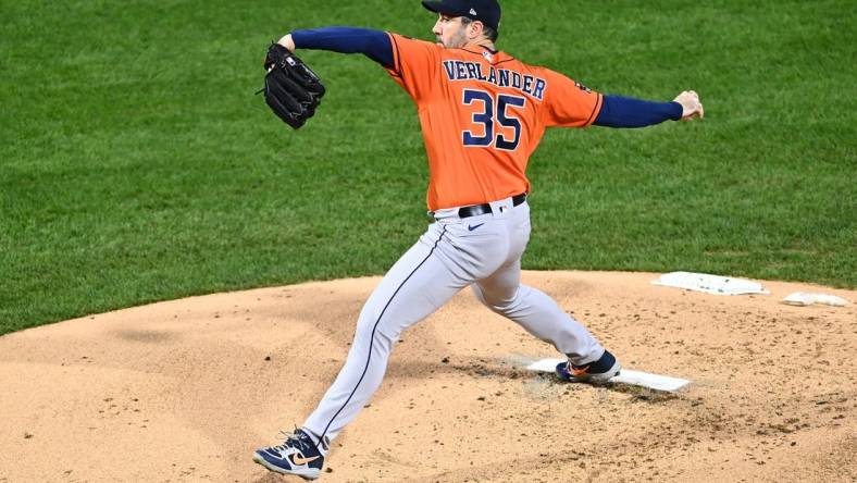 Nov 3, 2022; Philadelphia, Pennsylvania, USA; Houston Astros starting pitcher Justin Verlander (35) pitches against the Philadelphia Phillies during the second inning in game five of the 2022 World Series at Citizens Bank Park. Mandatory Credit: Kyle Ross-USA TODAY Sports