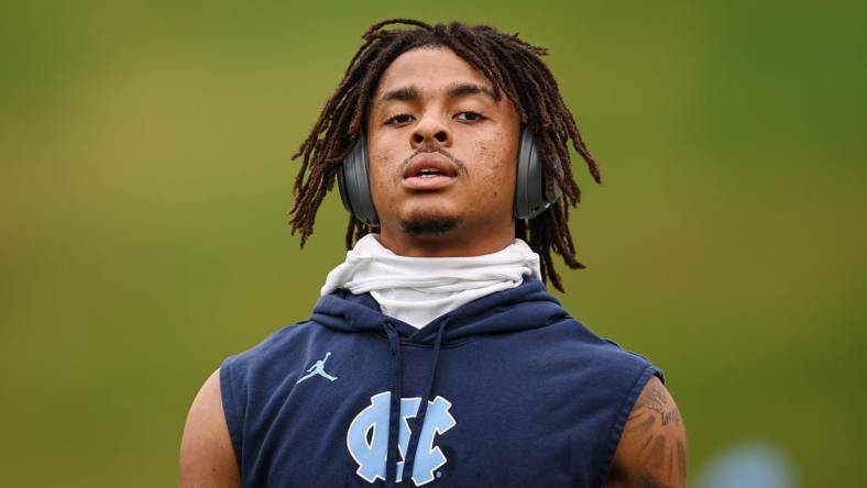 Nov 5, 2022; Charlottesville, Virginia, USA; North Carolina Tar Heels wide receiver Josh Downs (11) looks on before the game against the North Carolina Tar Heels at Scott Stadium. Mandatory Credit: Scott Taetsch-USA TODAY Sports