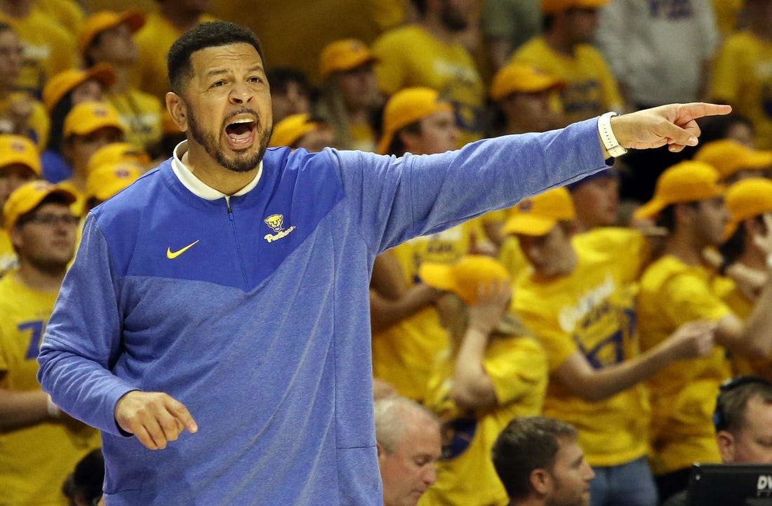 Nov 7, 2022; Pittsburgh, Pennsylvania, USA;  Pittsburgh Panthers head coach Jeff Capel reacts on the sidelines against the Tennessee-Martin Skyhawks during the first half at the Petersen Events Center. Mandatory Credit: Charles LeClaire-USA TODAY Sports