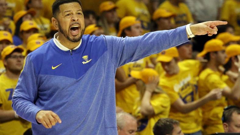 Nov 7, 2022; Pittsburgh, Pennsylvania, USA;  Pittsburgh Panthers head coach Jeff Capel reacts on the sidelines against the Tennessee-Martin Skyhawks during the first half at the Petersen Events Center. Mandatory Credit: Charles LeClaire-USA TODAY Sports