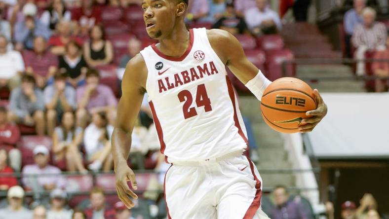 Nov 7, 2022; Tuscaloosa, Alabama, USA; Alabama Crimson Tide forward Brandon Miller (24) during first half at Coleman Coliseum. Mandatory Credit: Marvin Gentry-USA TODAY Sports