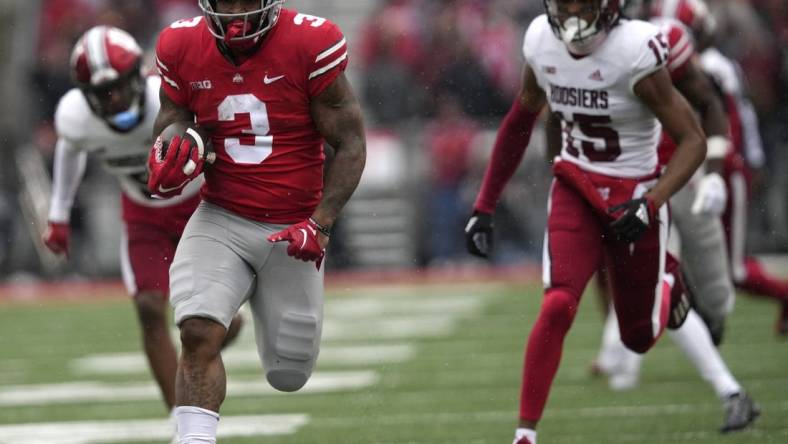 Nov 12, 2022; Columbus, Ohio, USA; Ohio State Buckeyes running back Miyan Williams (3) runs in a touchdown in the first quarter of their NCAA Division I football game between the Ohio State Buckeyes and the Indiana Hoosiers at Ohio Stadium. Mandatory Credit: Brooke LaValley/The Columbus Dispatch-USA TODAY NETWORK