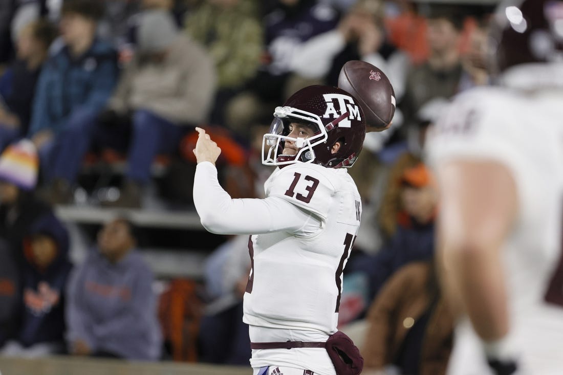 Nov 12, 2022; Auburn, Alabama, USA;  Texas A&M Aggies quarterback Haynes King (13) warms up before the game against the Auburn Tigers at Jordan-Hare stadium. Mandatory Credit: John Reed-USA TODAY Sports