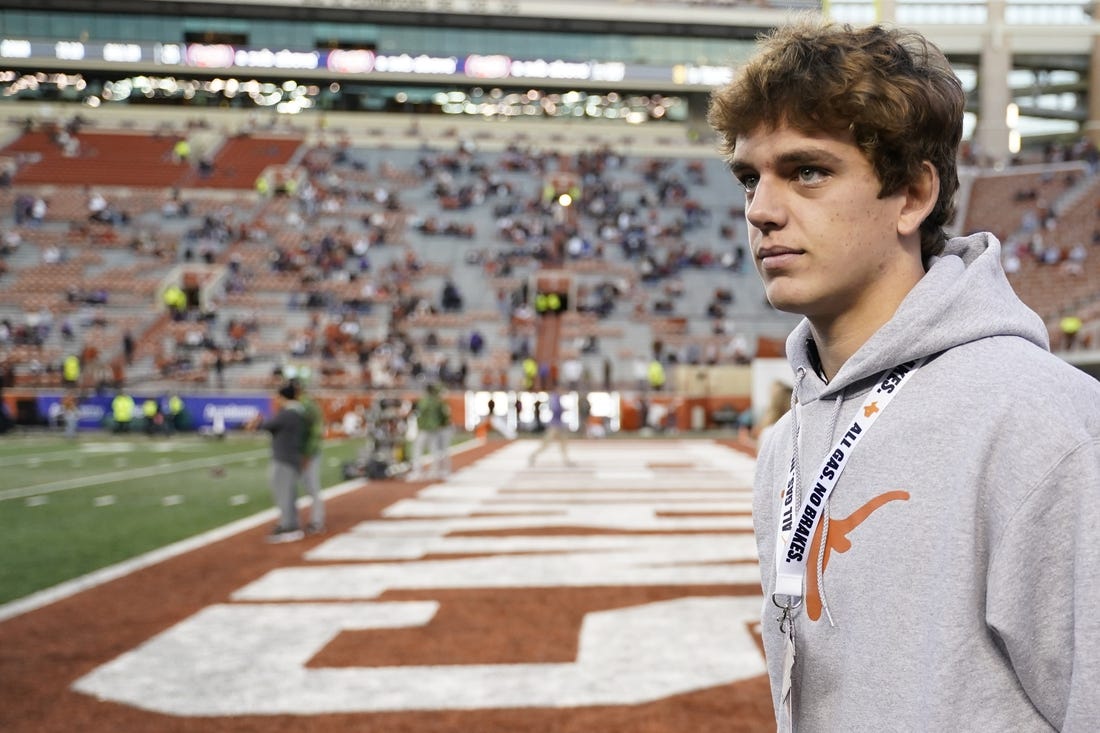 Nov 12, 2022; Austin, Texas, USA; Texas Longhorns quarterback recruit Arch Manning on the sidelines before the game against the Texas Christian Horned Frogs at Darrell K Royal-Texas Memorial Stadium. Mandatory Credit: Scott Wachter-USA TODAY Sports