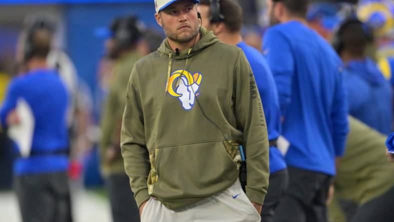 Nov 13, 2022; Inglewood, California, USA; Los Angeles Rams quarterback Matthew Stafford (9) watches the game against the Arizona Cardinals from the sidelines at SoFi Stadium. Mandatory Credit: Jayne Kamin-Oncea-USA TODAY Sports