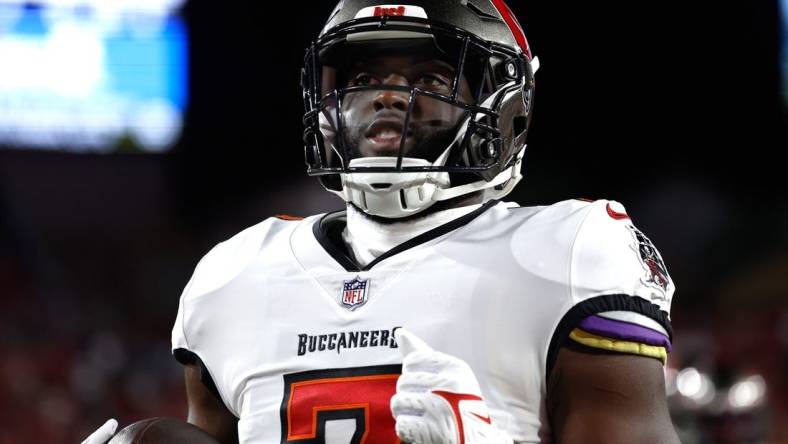 Oct 2, 2022; Tampa, Florida, USA;  Tampa Bay Buccaneers running back Leonard Fournette (7) against the Kansas City Chiefs prior to the game at Raymond James Stadium. Mandatory Credit: Kim Klement-USA TODAY Sports