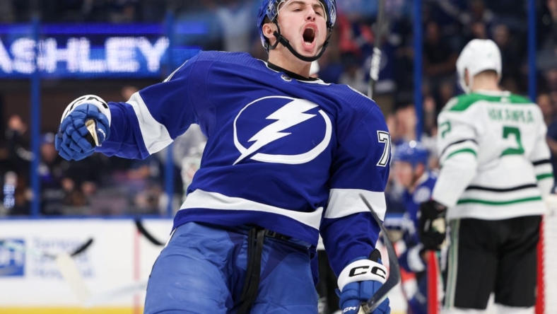 Nov 15, 2022; Tampa, Florida, USA;  Tampa Bay Lightning center Ross Colton (79) reacts after scoring goal against the Dallas Stars in the first period at Amalie Arena. Mandatory Credit: Nathan Ray Seebeck-USA TODAY Sports