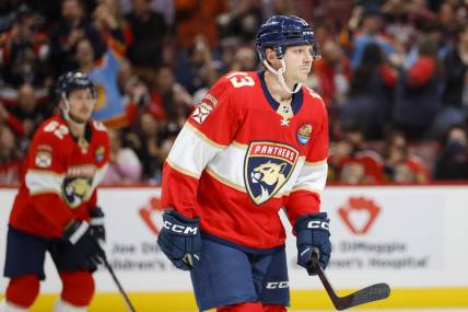 Nov 15, 2022; Sunrise, Florida, USA; Florida Panthers center Sam Reinhart (13) looks on after scoring during the second period against the Washington Capitals at FLA Live Arena. Mandatory Credit: Sam Navarro-USA TODAY Sports