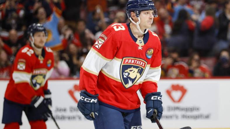 Nov 15, 2022; Sunrise, Florida, USA; Florida Panthers center Sam Reinhart (13) looks on after scoring during the second period against the Washington Capitals at FLA Live Arena. Mandatory Credit: Sam Navarro-USA TODAY Sports