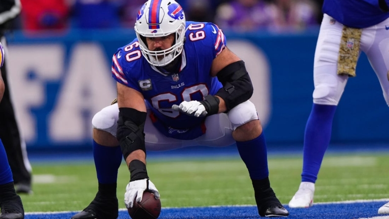 Nov 13, 2022; Orchard Park, New York, USA; Buffalo Bills center Mitch Morse (60) against the Minnesota Vikings during the second half at Highmark Stadium. Mandatory Credit: Gregory Fisher-USA TODAY Sports