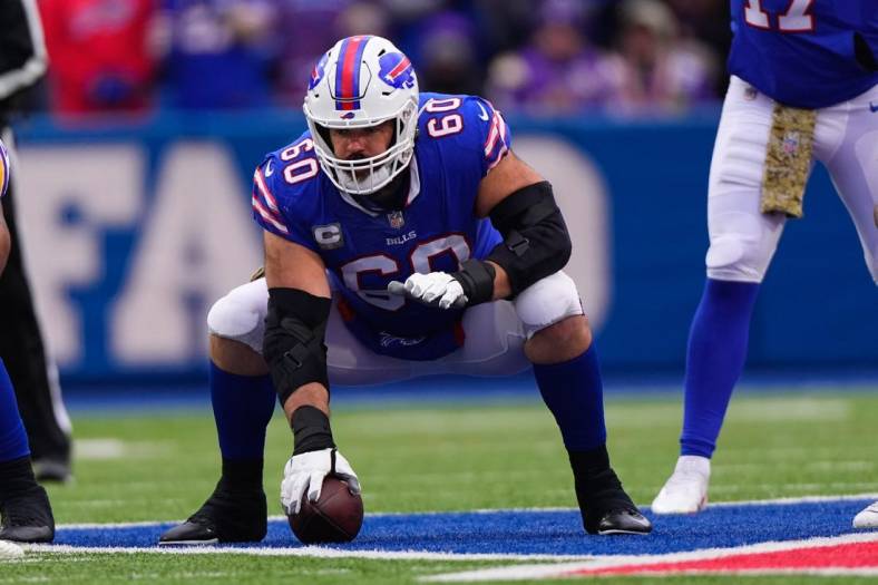 Nov 13, 2022; Orchard Park, New York, USA; Buffalo Bills center Mitch Morse (60) against the Minnesota Vikings during the second half at Highmark Stadium. Mandatory Credit: Gregory Fisher-USA TODAY Sports