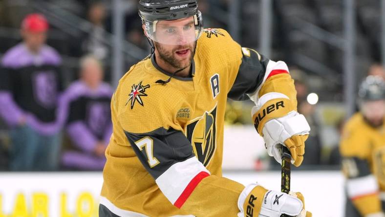 Nov 15, 2022; Las Vegas, Nevada, USA; Vegas Golden Knights defenseman Alex Pietrangelo (7) warms up before a game against the San Jose Sharks at T-Mobile Arena. Mandatory Credit: Stephen R. Sylvanie-USA TODAY Sports