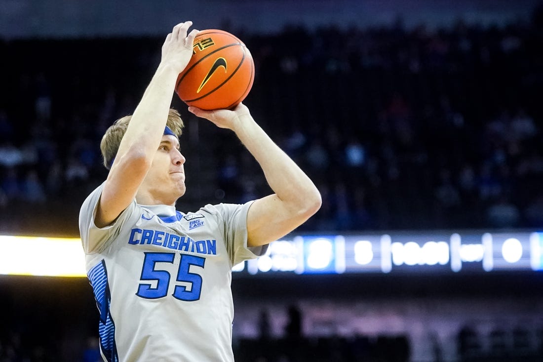 Nov 17, 2022; Omaha, Nebraska, USA; Creighton Bluejays guard Baylor Scheierman (55) attempts a three-point shot against the UC Riverside Highlanders during the first half at CHI Health Center Omaha. Mandatory Credit: Dylan Widger-USA TODAY Sports