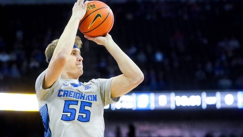 Nov 17, 2022; Omaha, Nebraska, USA; Creighton Bluejays guard Baylor Scheierman (55) attempts a three-point shot against the UC Riverside Highlanders during the first half at CHI Health Center Omaha. Mandatory Credit: Dylan Widger-USA TODAY Sports