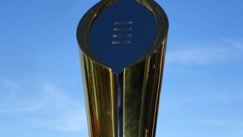 Nov 17, 2022; Los Angeles, California, USA; The College Football Playoff National Championship trophy at CFP press conference at Banc of California Stadium. Mandatory Credit: Kirby Lee-USA TODAY Sports