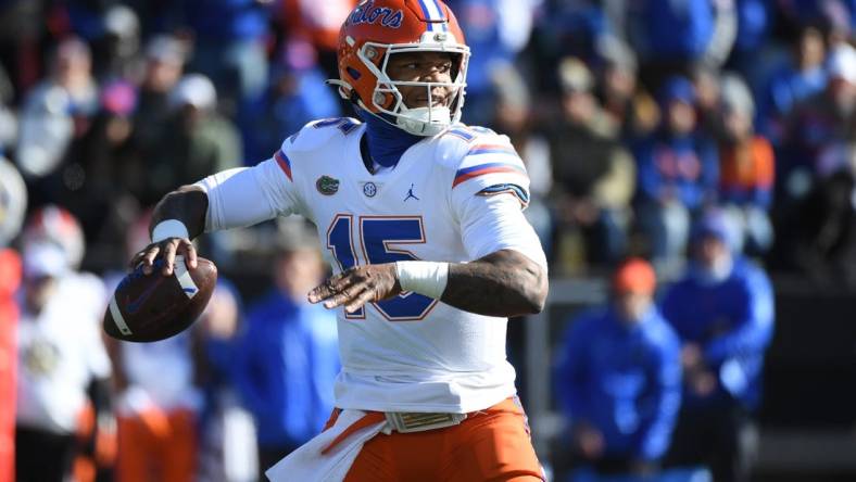 Nov 19, 2022; Nashville, Tennessee, USA; Florida Gators quarterback Anthony Richardson (15) attempts a pass during the first half against the Vanderbilt Commodores at FirstBank Stadium. Mandatory Credit: Christopher Hanewinckel-USA TODAY Sports