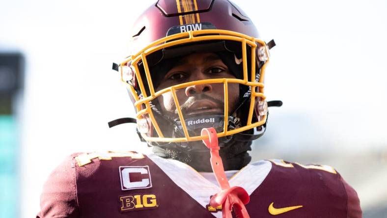 Nov 19, 2022; Minneapolis, Minnesota, USA; Minnesota Golden Gophers running back Mohamed Ibrahim (24) warms up before the game against the Iowa Hawkeyes at Huntington Bank Stadium. Mandatory Credit: Matt Krohn-USA TODAY Sports