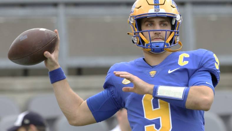 /Nov 5, 2022; Pittsburgh, Pennsylvania, USA; Pittsburgh Panthers quarterback Kedon Slovis (9) warms up before the game against the Syracuse Orange at Acrisure Stadium. Mandatory Credit: Charles LeClaire-USA TODAY Sports