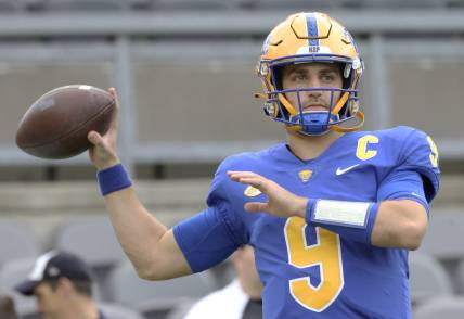 /Nov 5, 2022; Pittsburgh, Pennsylvania, USA; Pittsburgh Panthers quarterback Kedon Slovis (9) warms up before the game against the Syracuse Orange at Acrisure Stadium. Mandatory Credit: Charles LeClaire-USA TODAY Sports