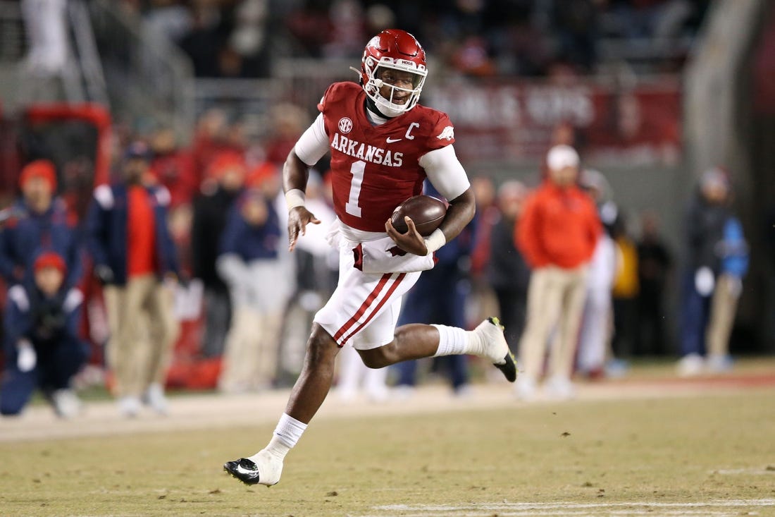 Nov 19, 2022; Fayetteville, Arkansas, USA; Arkansas Razorbacks quarterback KJ Jefferson (1) rushes in the second quarter against the Ole Miss Rebels at Donald W. Reynolds Razorback Stadium. Mandatory Credit: Nelson Chenault-USA TODAY Sports